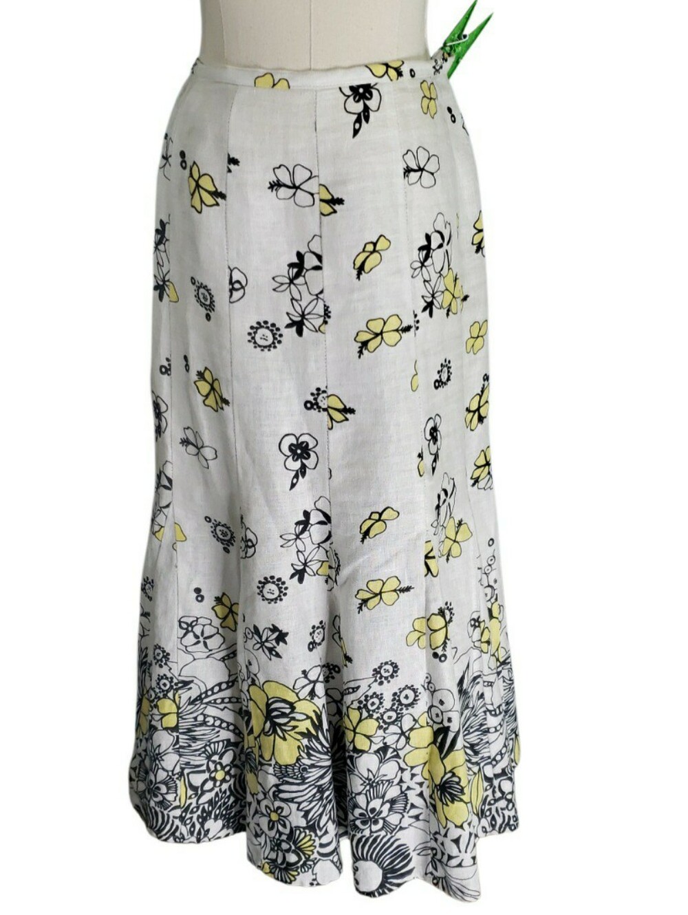 JM Collection Linen Bold Floral Midi Skirt White Black Yellow Tullip Cottage 10P